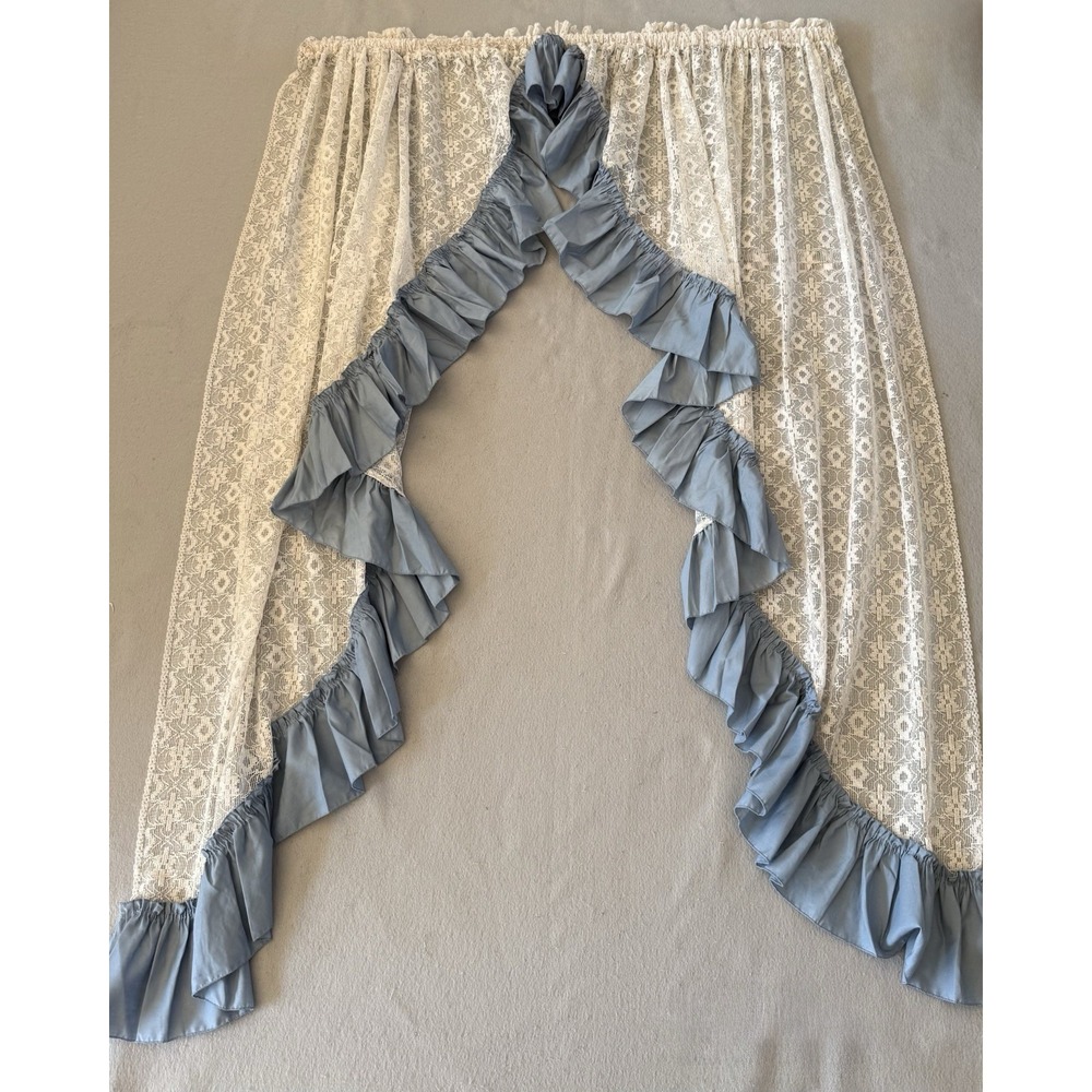VTG Priscilla Curtains Floral Lace Blue Ruffle Trim Cottagecore 2 Panels 59x63